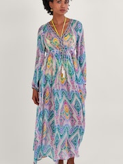 Monsoon Pink Ikat Print Kaftan Dress in Lenzing™ EcoVero™ - Image 1 of 4