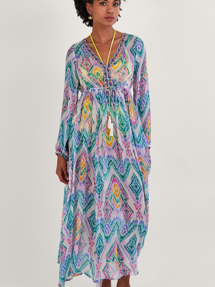 Monsoon Pink Ikat Print Kaftan Dress in Lenzing™ EcoVero™ - Image 1 of 4