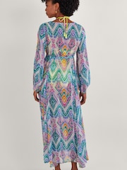 Monsoon Pink Ikat Print Kaftan Dress in Lenzing™ EcoVero™ - Image 2 of 4