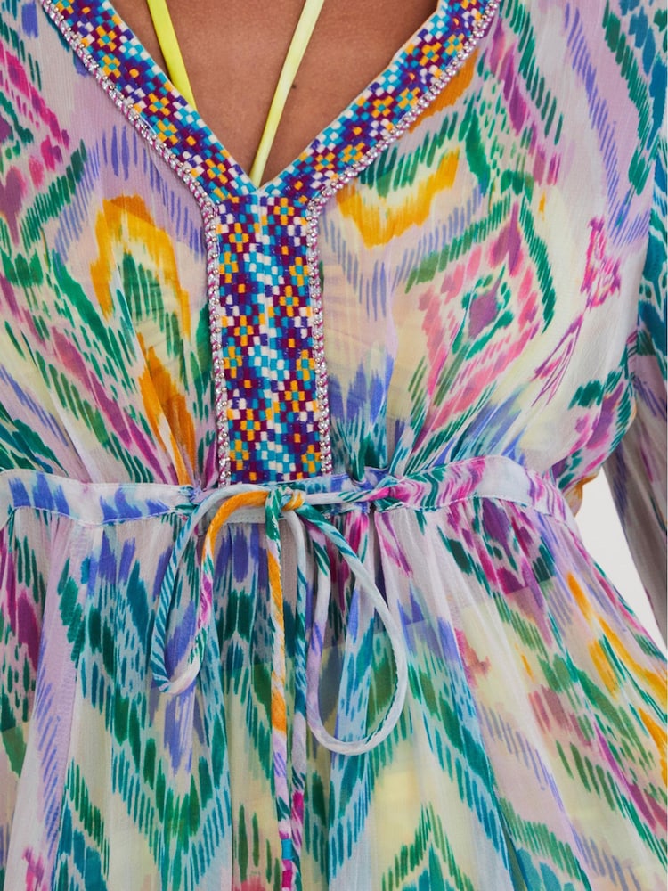Monsoon Pink Ikat Print Kaftan Dress in Lenzing™ EcoVero™ - Image 4 of 4