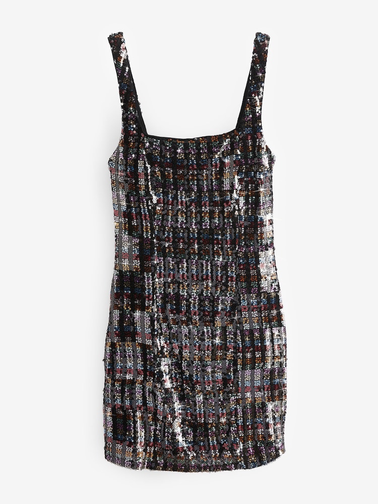 Black Multicolour Square Neck Sequin Mini Dress - Image 6 of 6