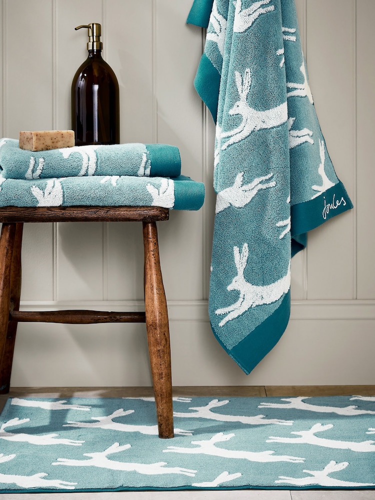 Joules Teal Jumping Hare 100% Cotton Towel - Image 1 of 2