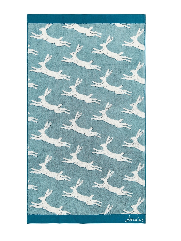 Joules Teal Jumping Hare 100% Cotton Towel - Image 2 of 2