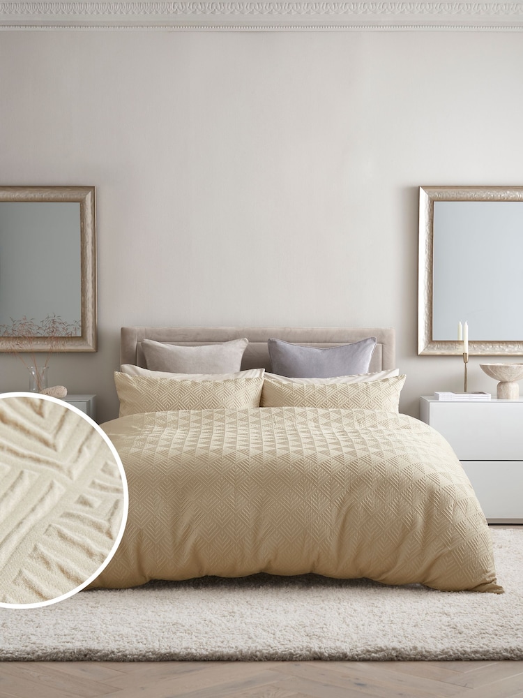Natural Embossed Geometric Duvet Cover And Pillowcase Set - Image 1 of 4