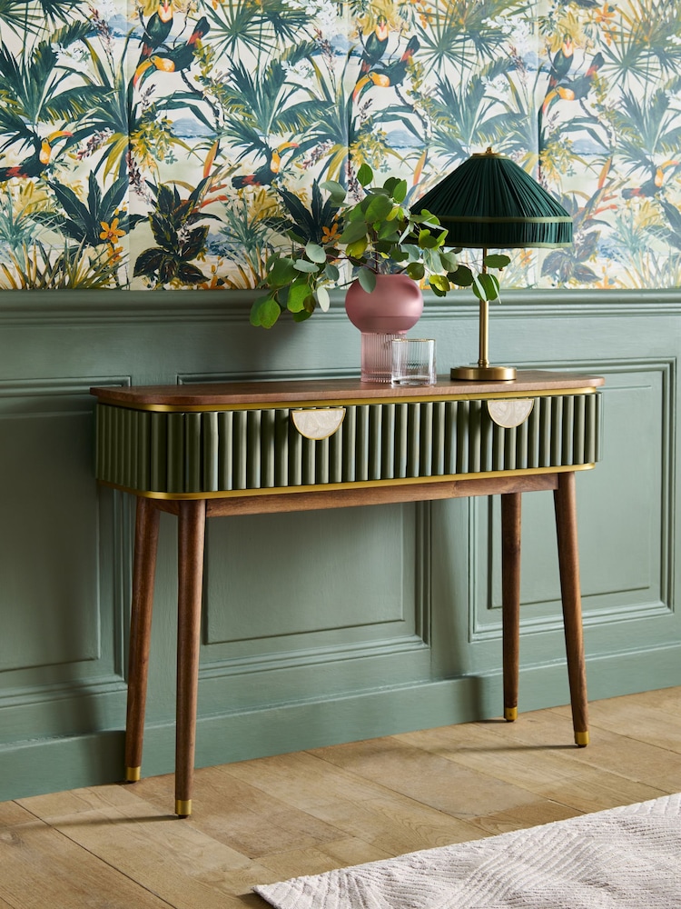 Clarke & Clarke Ribbed Green Mango Wood Calisto Console Table - Image 2 of 8