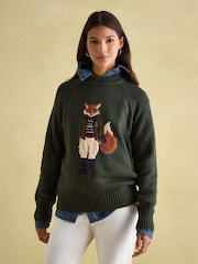 Joules Jonty Dark Green Intarsia Fox Knit Jumper - Image 1 of 8