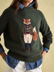 Joules Jonty Dark Green Intarsia Fox Knit Jumper - Image 4 of 8