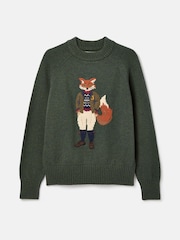 Joules Jonty Dark Green Intarsia Fox Knit Jumper - Image 8 of 8