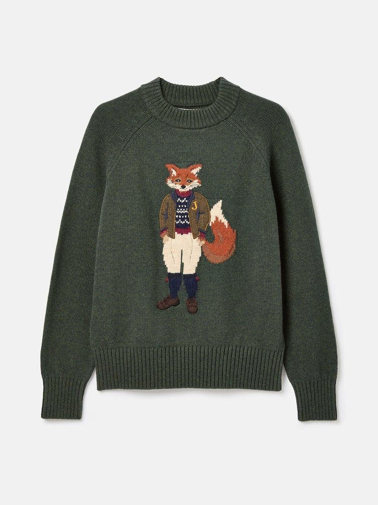 Joules Jonty Dark Green Intarsia Fox Knit Jumper - Image 8 of 8