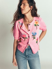 Boden Pink Puff Sleeve Cotton Cardigan - Image 1 of 7