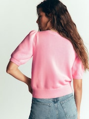 Boden Pink Puff Sleeve Cotton Cardigan - Image 3 of 7