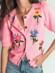 Boden Pink Puff Sleeve Cotton Cardigan - Image 4 of 7