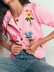 Boden Pink Puff Sleeve Cotton Cardigan - Image 5 of 7