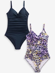 Navy Blue/Purple Animal Tummy Control Swimsuits 2 Pack - Image 1 of 7