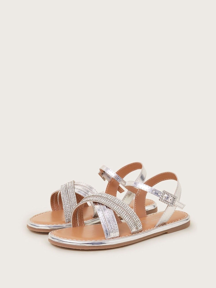 Monsoon Silver Diamanté Cross-Over Sandals - Image 1 of 3 Monsoon Silver Diamanté Cross-Over Sandals - Image 1 of 3