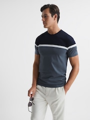 Reiss Airforce Blue/Navy Max Mercerised Cotton Colourblock T-Shirt - Image 1 of 5