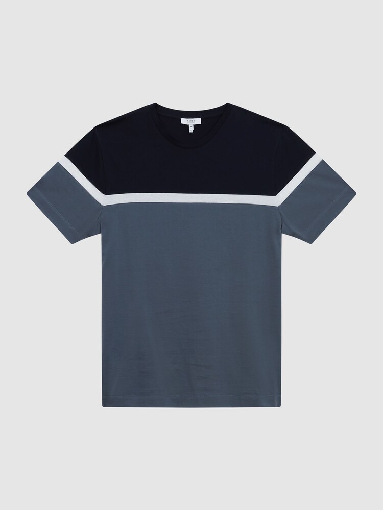 Reiss Airforce Blue/Navy Max Mercerised Cotton Colourblock T-Shirt - Image 2 of 5 Reiss Airforce Blue/Navy Max Mercerised Cotton Colourblock T-Shirt - Image 2 of 5