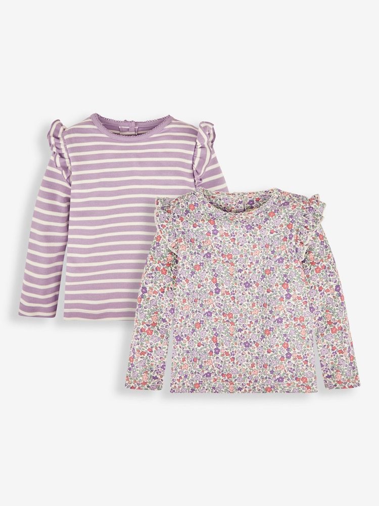 Lila vijolična z drobnimi cvetlicami - Komplet 2 majic s potiskom in črtastimi naborki JoJo Maman Bébé - Slika 1 iz 7