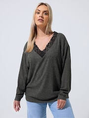 Yours Curve Grey Limited Ribbed Lace Trim Top - Image 1 of 5