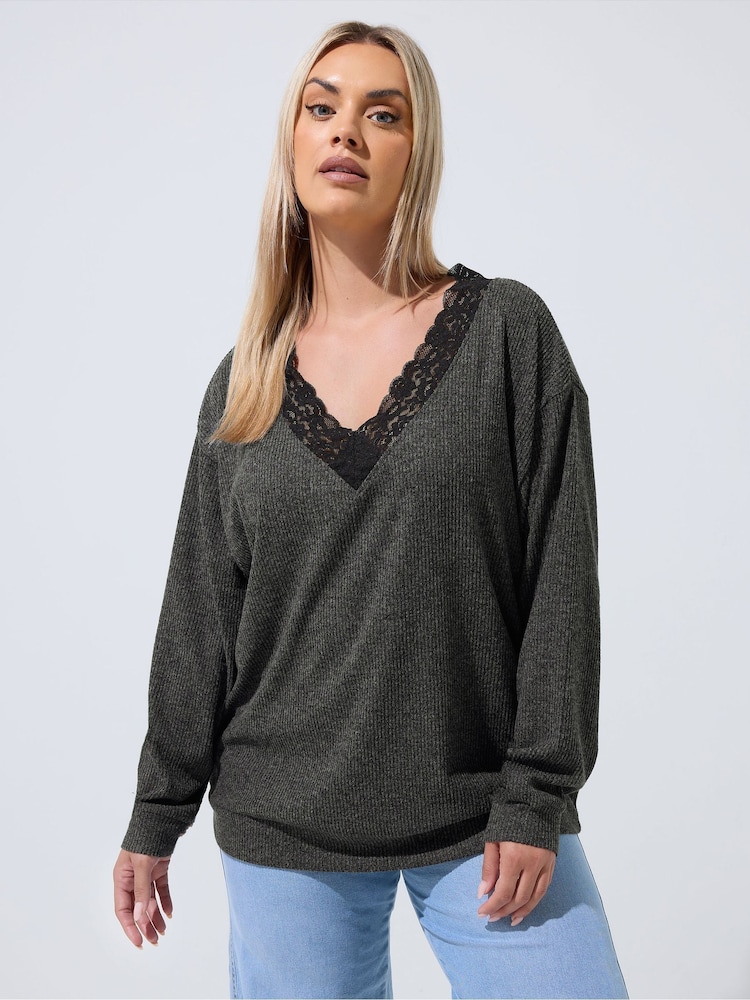 Yours Curve Grey Limited Ribbed Lace Trim Top - Image 1 of 5 Yours Curve Grey Limited Ribbed Lace Trim Top - Image 1 of 5