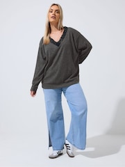Yours Curve Grey Limited Ribbed Lace Trim Top - Image 2 of 5