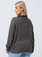 Yours Curve Grey Limited Ribbed Lace Trim Top - Image 3 of 5
