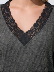 Yours Curve Grey Limited Ribbed Lace Trim Top - Image 4 of 5