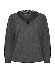 Yours Curve Grey Limited Ribbed Lace Trim Top - Image 5 of 5