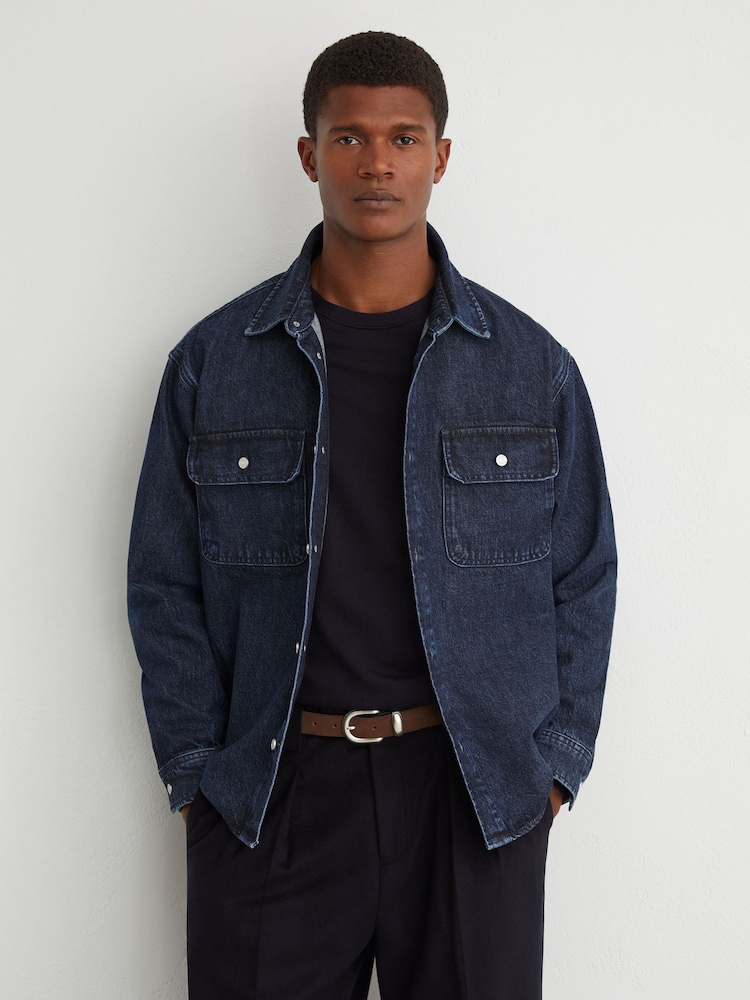 Reiss Dark Blue Kravitz Twin-Pocket Rigid-Denim Jacket - Image 1 of 7 Reiss Dark Blue Kravitz Twin-Pocket Rigid-Denim Jacket - Image 1 of 7