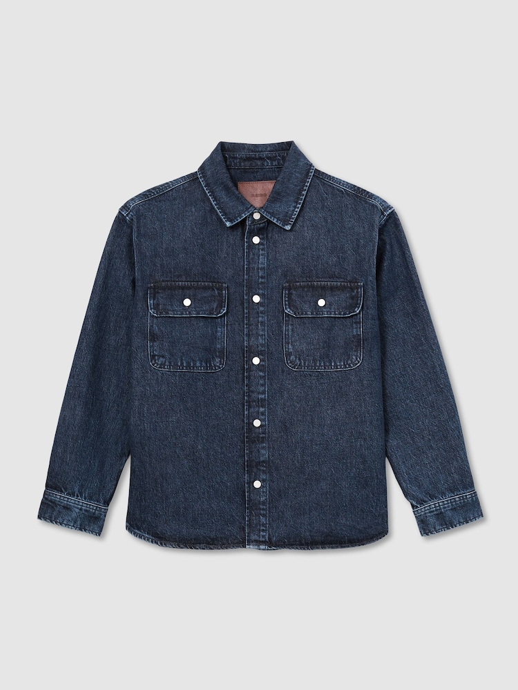 Reiss Dark Blue Kravitz Twin-Pocket Rigid-Denim Jacket - Image 2 of 7 Reiss Dark Blue Kravitz Twin-Pocket Rigid-Denim Jacket - Image 2 of 7