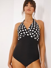 Figleaves Black Spot Tailor Underwired Halter Neck Tummy Control Longer Length Swimsuit - Image 1 of 5