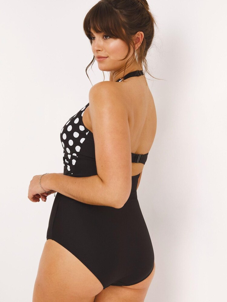 Figleaves Black Spot Tailor Underwired Halter Neck Tummy Control Longer Length Swimsuit - Image 2 of 5