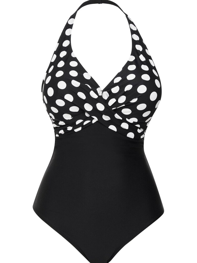 Figleaves Black Spot Tailor Underwired Halter Neck Tummy Control Longer Length Swimsuit - Image 5 of 5