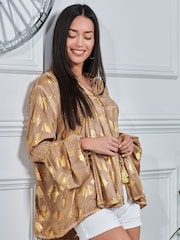 Jolie Moi Natural Crochet Detailed Long Sleeve Holiday Blouse - Image 5 of 6
