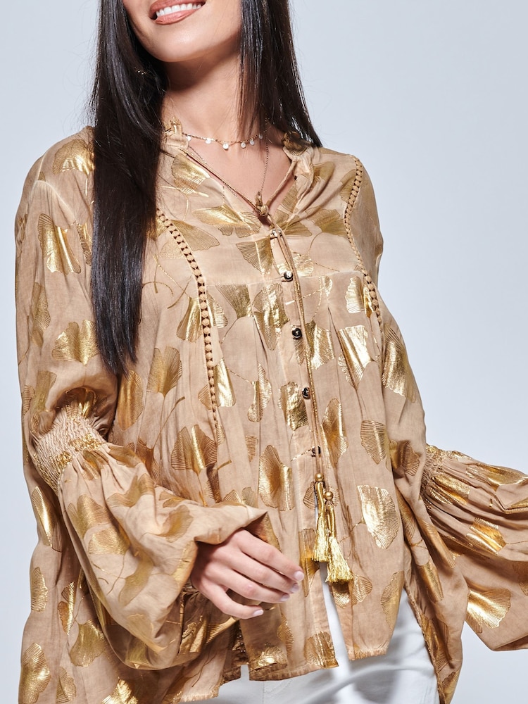 Jolie Moi Natural Crochet Detailed Long Sleeve Holiday Blouse - Image 6 of 6