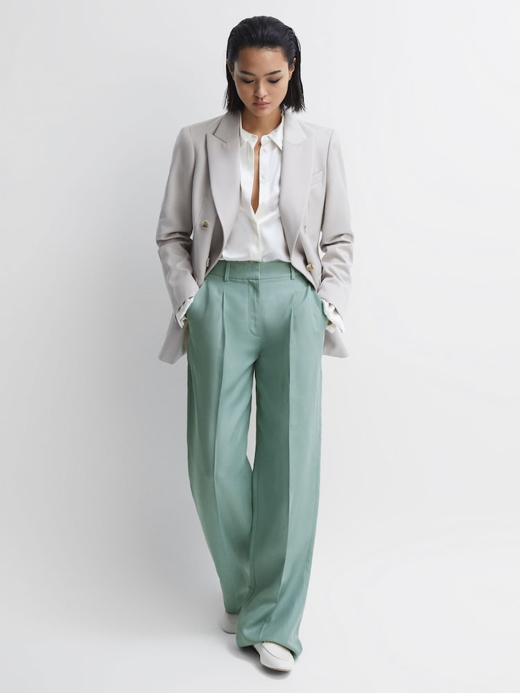 Reiss Teal Talia Linen Blend Wide Leg Trousers - Image 1 of 5