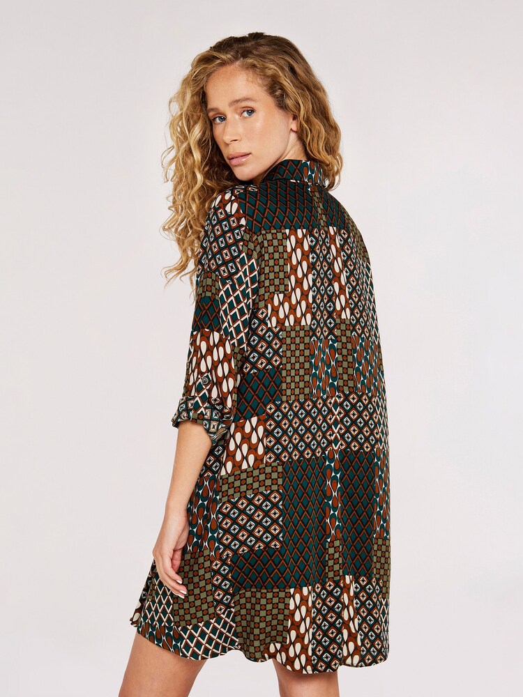 Apricot Orange Green & Teal Patchwork Swing Shirt Dress - Image 2 of 5