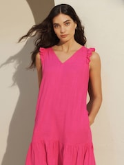 Pink Ruffle Sleeve V-Neck Linen Blend Summer Dress - Image 1 of 5