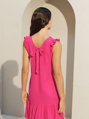 Pink Ruffle Sleeve V-Neck Linen Blend Summer Dress - Image 2 of 5