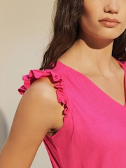 Pink Ruffle Sleeve V-Neck Linen Blend Summer Dress - Image 3 of 5