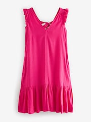 Pink Ruffle Sleeve V-Neck Linen Blend Summer Dress - Image 4 of 5