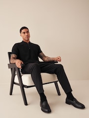 Black Short Sleeve 100% Cotton Textured Quarter Zip Polo Shirts - Image 1 of 5