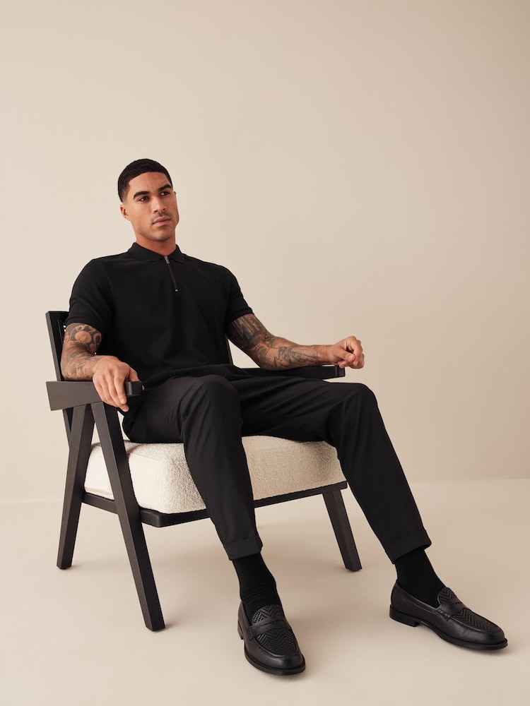 Black Short Sleeve 100% Cotton Textured Quarter Zip Polo Shirts - Image 1 of 5