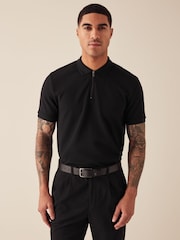 Black Short Sleeve 100% Cotton Textured Quarter Zip Polo Shirts - Image 2 of 5