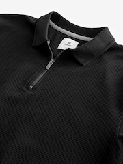 Black Short Sleeve 100% Cotton Textured Quarter Zip Polo Shirts - Image 3 of 5