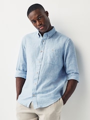Blue Standard Collar Linen Blend Long Sleeve 100% Cotton Shirt - Image 1 of 9