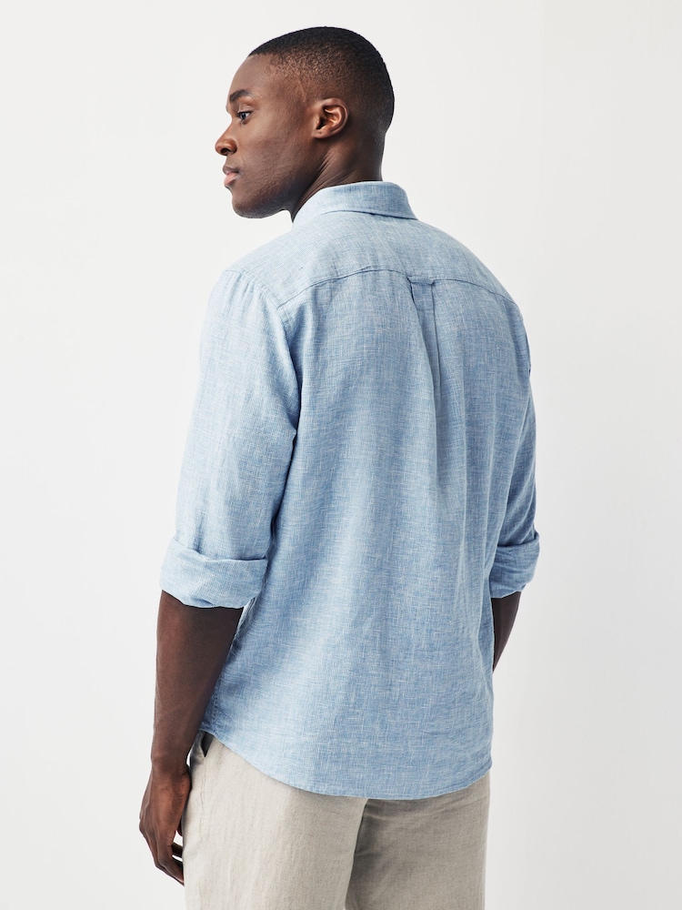 Blue Standard Collar Linen Blend Long Sleeve 100% Cotton Shirt - Image 2 of 9
