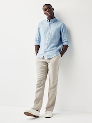 Blue Standard Collar Linen Blend Long Sleeve 100% Cotton Shirt - Image 3 of 9