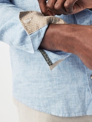 Blue Standard Collar Linen Blend Long Sleeve 100% Cotton Shirt - Image 4 of 9