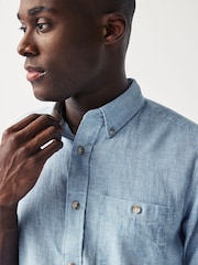 Blue Standard Collar Linen Blend Long Sleeve 100% Cotton Shirt - Image 5 of 9